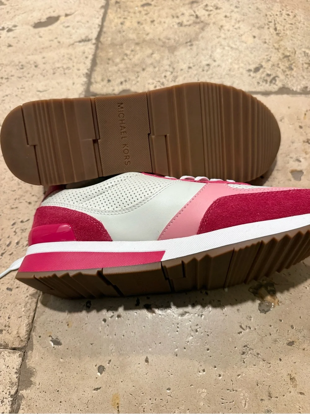 Michael Kors White and Pink Perforated Leather & Suede Sneakers